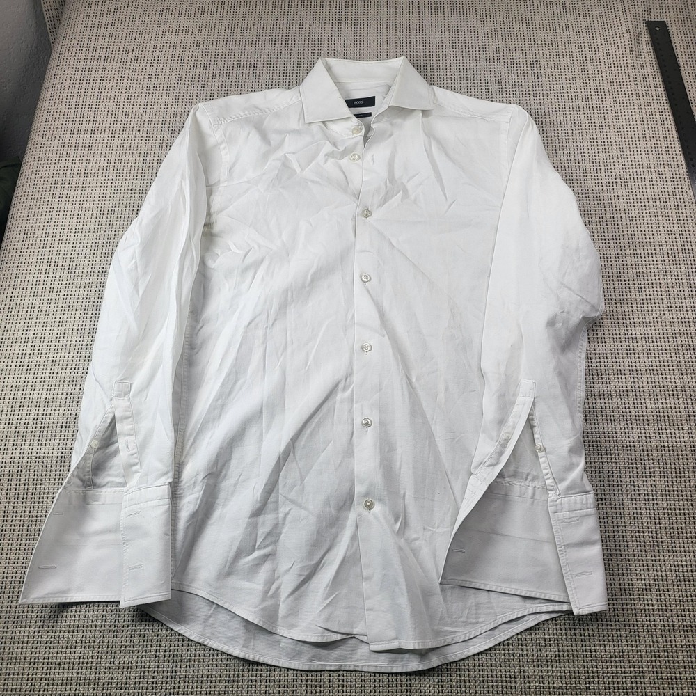 Hugo‎ Boss Shirt Mens 15 White Solid Slim Fit Cotton Dress Long Sleeve Business
